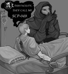 5_fingers anthro arm_scar beak bed biped black_text cloak clothed clothed_anthro clothed_humanoid clothed_male clothing dialogue duo eye_contact fingers furniture gloves hair handwear holding_object holding_pen hood hospital_bed hospital_gown humanoid_pointy_ears intravenous intravenous_drip introduction looking_at_another lying male male_anthro male_humanoid name_in_dialogue pen pillow scar seam_(sewing) shawl text under_covers white_text tiredsn0w scp_foundation scp-049 scp-6118 alien alien_humanoid avian bird humanoid keplerian 2024 character_name greyscale monochrome shaded