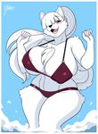 anthro areola areola_slip big_breasts bikini blush breasts chest_tuft clothing female fur hair hair_over_eye nipple_outline one_eye_obstructed solo swimwear tuft two-piece_swimsuit water white_body white_fur white_hair wide_hips jwinkz samantha_(jwinkz) canid canine canis domestic_dog mammal