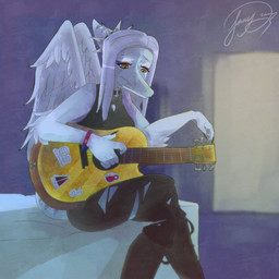 acoustic_guitar amber_eyes anthro bed bedroom black_bottomwear black_clothing black_jeans black_pants boots bottomwear bracelet claws clothing denim denim_bottomwear denim_clothing detailed_background elbow_feathers eyelashes eyeliner feathered_wings feathers female fingers footwear furniture grey_body grey_hair grey_scales guitar hair halter_top inside jeans jewelry long_hair makeup musical_instrument necklace on_bed pants plucked_string_instrument scales shoes short_tail sitting snout solo string_instrument tail text torn_bottomwear torn_clothing torn_jeans torn_pants wings sacay_art cavemanon_studios goodbye_volcano_high ko_op_(game_developer) snoot_game fang_(gvh) prehistoric_species pterosaur reptile scalie 1:1 2023 artist_name digital_drawing_(artwork) digital_media_(artwork) hi_res signature