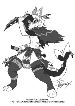 4_toes accessory anthro bottomwear cheek_tuft closed_smile clothed clothing dagger dark_sclera facial_tuft feet footwear forked_tail front_view fur furgonomic_piercing furgonomics glistening glistening_eyes holding_dagger holding_melee_weapon holding_object holding_weapon jewelry legwear loincloth looking_aside male melee_weapon midriff mouth_closed navel no_pupils paws piercing plantigrade ring_piercing simple_background smile solo standing tail tail_accessory tail_jewelry tail_piercing tail_ring_(piercing) text toeless_footwear toes tuft unusual_anatomy unusual_tail weapon wide_stance penguinexperience mythology dragon furred_dragon furred_scalie mythological_creature mythological_scalie scalie full-length_portrait monochrome portrait signature url