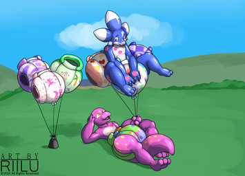 anthro balloon balloon_diaper claws clean_diaper clothed clothing cloud diaper duo grass hand_on_diaper hand_on_head handwear holding_string inflatable inflatable_diaper looking_down looking_up male pattern_diaper plant pool_toy pull-ups_(diaper) sky smile tail touching_diaper wearing_diaper riilu riilu_(character) zoran animate_inanimate dinosaur living_inflatable prehistoric_species reptile saurischian scalie theropod tyrannosaurid tyrannosauroid tyrannosaurus tyrannosaurus_rex hi_res