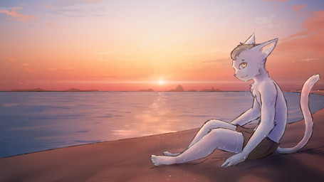 anthro beach blonde_hair clothing cloud hair lens_flare male sand sea seaside sitting solo sunset twilight water wet wet_clothing white_body stampmats domestic_cat felid feline felis mammal 16:9 widescreen