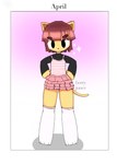 anthro bottomwear brown_hair clothed clothing femboy fur hair hands_on_hips legwear long_sleeve_shirt looking_at_viewer male pink_bottomwear pink_clothing pink_skirt shirt simple_background skirt solo standing tail text thigh_highs topwear undershirt yellow_body yellow_fur berryjuuce april_(berryjuuce) felid feline mammal digital_media_(artwork)