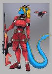 anthro armor blue_body blue_scales boots breasts clothing drone_(vehicle) female fingerless_gloves footwear gloves gun hair handwear horn machine military orange_hair ranged_weapon rifle scales shoes sniper_rifle soldier solo standing warrior weapon zcorpionwulf mythology elspeth_horstmann dragon mythological_creature mythological_scalie scalie 2025 hi_res
