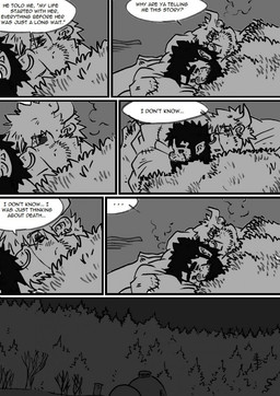 bed dialogue facial_piercing forest furniture hairy male muscular nose_piercing nose_ring piercing plant ring_piercing snow text tree husky92 european_mythology greek_mythology mythology bovid bovine humanoid mammal minotaur orc comic english_text hi_res monochrome multiple_scenes