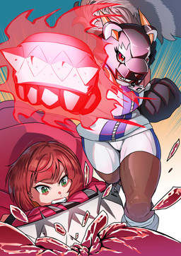 bottomwear brass_knuckles clothing duo female green_eyes grin hair melee_weapon punch raccoon_tail red_eyes red_hair shorts smile weapon hase_popopo bandai_namco digimon digimon_beatbreak animal_humanoid bearcatmon digimon_(species) human humanoid mammal mammal_humanoid procyonid procyonid_humanoid raccoon_humanoid absurd_res hi_res