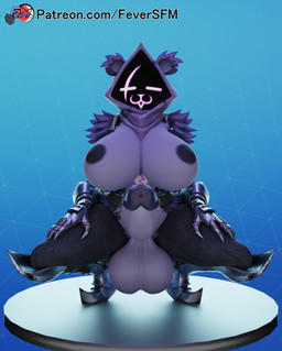 anthro areola balls big_balls big_breasts big_penis breasts claws clothing crouching eye_scar facial_scar fingers genitals gloves gynomorph gynomorph_anthro handwear humanoid_genitalia humanoid_penis intersex intersex_anthro nipples penis purple_balls purple_body purple_hood purple_penis scar solo spread_legs spreading text feversfm epic_games fortnite raven_team_leader bear mammal 2024 3d_(artwork) digital_media_(artwork) hi_res url