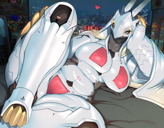 anthro belly big_breasts blue_eyes breasts city female graffiti lying machine maebari night on_side pasties pose sky slightly_chubby slightly_chubby_anthro slightly_chubby_female smile solo white_body nyushi skadi_(agitype01) avian robot robot_anthro