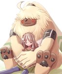 anthro brown_hair duo female fur hair hair_over_eyes hug male size_difference sleeping yellow_body yellow_fur hase_popopo bandai_namco digimon digimon_ghost_game ruri_tsukiyono angoramon digimon_(species) human mammal absurd_res hi_res