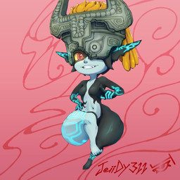 armor blue_markings bottom_heavy breasts clothing featureless_breasts feet female front_view fused_shadow hair headgear headwear helmet humanoid_pointy_ears looking_at_viewer markings navel one_eye_obstructed orange_hair pink_background pointy_ears ponytail red_eyes shortstack simple_background small_breasts smile solo thick_thighs wide_hips yellow_sclera jeiidy311 nintendo the_legend_of_zelda twilight_princess midna humanoid imp twili 1:1 hi_res