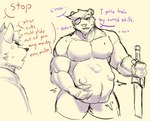 anthro bottomwear clothed clothing dialogue duo fetal_kick fetal_movement male male/male melee_weapon muscular muscular_anthro muscular_male pregnant pregnant_anthro pregnant_male shorts standing sword text topless weapon wanderrer bear canid canine fox mammal