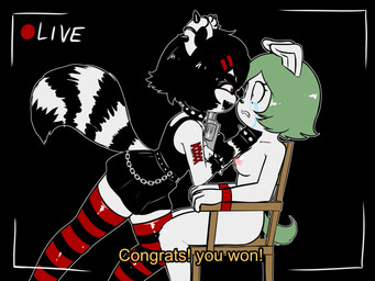 absolute_territory anthro black_hair bodily_fluids bottomwear bound bracelet breasts camera_view chain choker clothed clothed/nude clothed_female clothing collar congratulations constricted_pupils corset_piercing crying duo eye_contact female fluffy fluffy_tail green_hair gun gun_to_head hair hand_on_face handgun imminent_death imminent_suicide jewelry leaning leaning_forward legwear looking_at_another markings natural_breasts necklace nipples nude nude_female piercing pupils ranged_weapon recording recording_video revolver ring_(marking) ringed_tail russian_roulette ryona scared skirt small_pupils smile spiked_bracelet spiked_collar spikes stockings striped_markings striped_tail stripes suicidal surface_piercing tail tail_markings tears tied_to_chair weapon e254e congratulations_you_won! cerise_(e254e) canid canine canis domestic_dog mammal procyonid raccoon 4:3 absurd_res hi_res