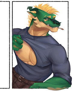 4_fingers abs anthro biceps black_claws black_nose blonde_hair chest_window cigarette claws clothed clothing countershade_face countershade_tail countershade_torso countershading fingers green_body green_scales green_skin grey_clothing grey_topwear hair horn male multicolored_body multicolored_ears multicolored_scales muscular muscular_anthro muscular_male nipples orange_sclera pecs pink_nipples scales simple_background smile smoking solo tail tail_tuft tan_body tan_countershading tan_scales tan_skin teeth topwear tuft two_tone_body two_tone_ears two_tone_scales two_tone_tail white_background white_eyes ratcatcher asian_mythology east_asian_mythology mythology shirt_cut_meme dragon eastern_dragon mythological_creature mythological_scalie reptile scalie digital_media_(artwork) hi_res meme