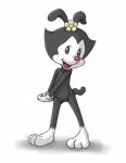 anthro black_body black_fur clothing female flower fur genitals gloves hands_together handwear looking_at_viewer nude open_mouth open_smile plant presenting pussy red_nose simple_background smile solo tongue white_body white_fur sakuramoto animaniacs warner_brothers dot_warner inkblot mammal