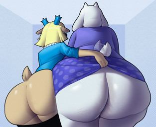 anthro big_butt butt butt_focus cellulite clothed clothing clothing_lift dress dress_lift duo female female/female fur huge_butt mature_female presenting presenting_hindquarters rear_view size_difference take_your_pick white_body white_fur chipchell deltarune undertale_(series) carol_holiday toriel bovid caprine deer goat mammal 2025 hi_res