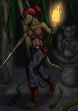 anthro bottomwear breasts clothed clothing crop_top detailed_background female fire footwear gun hair holding_object holding_torch machete mask melee_weapon moss non-mammal_breasts orange_eyes pants plant ranged_weapon red_hair ruins sculpture shirt shotgun solo statue temple toeless_footwear topwear torch vines weapon za-owl dinosaur dromaeosaurid prehistoric_species reptile scalie theropod velociraptor 2018 absurd_res digital_media_(artwork) hi_res