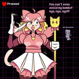 accessory animal_ears bell bottomwear breasts cat_tail clothing duo fangs female female_humanoid frilly frilly_bottomwear frilly_clothing frilly_skirt geometric_background gloves green_eyes grid_background hair hair_accessory handwear holding_object holding_staff inner_ear_fluff jewelry medium_breasts necklace open_mouth open_smile pattern_background pink_clothing pink_hair short_hair simple_background skirt smile staff teeth text tied_hair tongue tuft waving_hand white_clothing lucasmode deltarune undertale_(series) mad_mew_mew mew_mew_(undertale) pink_(deltarune) animal_humanoid felid felid_humanoid feline feline_humanoid humanoid mammal mammal_humanoid spirit 2026 digital_drawing_(artwork) digital_media_(artwork) english_text hi_res