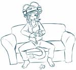 anthro barefoot beer_hat beverage biped clothing controller drinking feet female furniture game_controller gaming hair messy_hair pajamas playing_video_game soda sofa solo aogami chimangetsu selkie_(chimangetsu) domestic_cat felid feline felis mammal rex_(cat) selkirk_rex 2013 absurd_res hi_res monochrome