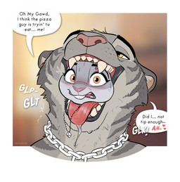 anthro bodily_fluids border dialogue duo eyebrow_piercing eyebrows eyelashes facial_piercing female female_prey fur grey_body grey_fur heart_symbol interspecies jewelry looking_at_viewer male male/female male_pred necklace onomatopoeia oral_vore orange_eyes piercing predator/prey saliva simple_background size_difference sound_effects speech_bubble teeth text tongue tongue_out vore white_background white_border yellow_eyes amadose disney zootopia emma_(amadose) fan_character jace_(amadose) felid lagomorph leporid mammal pantherine rabbit tiger 2025 absurd_res artist_name english_text hi_res