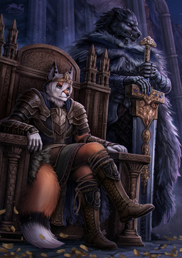 anthro armor biped black_body black_fur blue_eyes boots chainmail chair clothing crown cuirass dipstick_tail duo facial_scar footwear fur furniture gauntlets gloves grey_body grey_fur hair handwear headgear holding_melee_weapon holding_object holding_sword holding_weapon male markings melee_weapon multicolored_body multicolored_fur on_chair orange_body orange_fur pauldron purple_eyes scar shoes sitting sitting_cross-legged sitting_on_chair sitting_on_throne standing sword tail tail_markings tassets throne vambrace weapon white_body white_fur white_hair soltia elden_ring fromsoftware blaidd_(elden_ring) canid canine canis fox mammal wolf 2026 digital_media_(artwork) hi_res