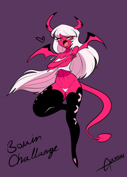 blush blush_lines breasts cleavage clothed clothing eyelashes female hair horn long_hair membrane_(anatomy) membranous_wings navel open_mouth orange_eyes panties pink_body pink_horn pink_wings purple_background simple_background small_breasts solo spade_tail tail thick_thighs topwear underwear white_clothing white_hair white_panties white_topwear white_underwear wide_hips wings yellow_sclera garam hellaverse helluva_boss verosika_mayday demon demon_humanoid horned_humanoid humanoid tailed_humanoid winged_humanoid absurd_res hi_res