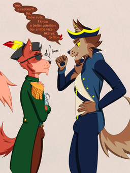 anthro clothed clothing dialogue duo ear_piercing ear_ring eye_patch eyewear fur hair hook male male/male open_mouth piercing pirate ring_piercing simple_background smile tail teeth text topwear dustin_c five_nights_at_freddy's indigo_park scottgames foxy_(fnaf) skurv_the_coyote_(indigo_park) canid canine fox mammal 3:4 digital_media_(artwork) english_text hi_res