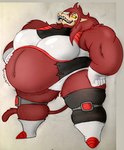 anthro armor belly big_belly bloated bodily_noises brown_hair clothing derived_sound_effect different_sound_effects female gloves glunk_(sound_effect) hair hand_on_belly handwear muscular muscular_female onomatopoeia rumbling_stomach sharp_teeth slosh sloshing_belly solo sound_effects stuffing teeth text yellow_eyes transformacorp dragon_ball mammal oozaru primate saiyan absurd_res hi_res