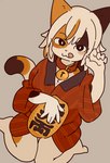 :3 anthro asian_clothing barefoot bell bell_collar clothed clothing collar east_asian_clothing feet female fur grey_background hair holding_coin holding_object japanese_clothing kemono kneeling koban_(coin) looking_at_viewer mischievous_smile multicolored_body multicolored_fur paw_pose plantigrade pose simple_background solo tongue tongue_out white_body white_fur white_hair yukata yagi_the_goat maneki-neko calico_cat domestic_cat felid feline felis mammal 2021