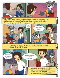 anthro bottomwear cheek_tuft clothed clothing detailed_background dialogue dipstick_tail duo extending_hand eyewear facial_tuft feet_together footwear fully_clothed gloves_(marking) jacket male markings note offering_hand shoes skateboard speech_bubble tail tail_markings text topwear tuft vehicle pandapaco art_(pandapaco) ailurid human mammal procyonid raccoon comic english_text hi_res