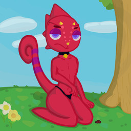 anthro choker clothed clothing cloud grass jewelry kneeling male mostly_nude necklace plant skimpy solo thong tree underwear avianelement animal_crossing nintendo flick_(animal_crossing) ambient_arthropod ambient_insect chameleon lizard reptile scalie 1:1 absurd_res hi_res
