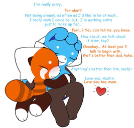 after_sex age_difference anthro blue_body blue_fur bodily_fluids comforting cum dialogue duo facial_markings female fur genital_fluids genitals head_markings hug kneeling leaking_cum male markings older_female orange_body orange_fur simple_background sitting text vulva white_background white_markings young young_male younger_male brainrotter101 austin_(brainrotter101) maria_(brainrotter101) ailurid bear giant_panda mammal red_panda english_text hi_res mother_(lore) parent_(lore) son_(lore)
