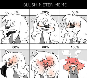 anthro black_nose blush blush_lines breasts bristled_fur cellphone chart cleavage clothed clothing dot_eyes dress electronics emanata embarrassed eyewear fangs female floppy_ears fluffy_ears fur glasses head_tuft itching looking_at_object looking_at_phone looking_down looking_up percentage phone simple_eyes smartphone smile smiling_at_viewer smoke teeth tuft wearing_glasses white_body white_fur kint blush_meter_(meme) warren_(kint) canid canine canis domestic_dog mammal