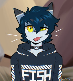 anthro biped blue_body blue_hair choker clothed clothed_anthro clothed_male clothing countershade_torso countershading front_view gills hair hoodie jewelry looking_at_viewer male necklace smile solo teeth tongue tongue_out topwear yellow_eyes sharkcatsg rigby_the_cat kyle_r._fish aquatic fish shark 2025 digital_media_(artwork) hi_res