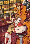 alcohol anthro asian_clothing bartender bell bell_collar beverage big_breasts boots breasts clothed clothing collar container cup drinking drinking_glass ear_tuft east_asian_clothing female fishnet_clothing flower fluffy_ears food footwear fur glass glass_container glass_cup hair japanese_clothing kimono long_hair orange_hair orange_tail plant ponytail red_eyes ribbons sash shoes solo tail tuft snoutless undertale_(series) undertale_yellow ceroba_ketsukane canid canine fox mammal 2024 colored digital_drawing_(artwork) digital_media_(artwork) hi_res