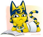 :< anthro black_eyes blue_hair blue_pawpads book clothing dress egyptian female hair hand_on_own_face hieroglyphics looking_at_viewer lying markings on_front pawpads paws solo striped_markings striped_tail stripes tail tail_markings white_clothing white_dress yellow_body yellow_inner_ear loihtuja animal_crossing nintendo ankha_(animal_crossing) domestic_cat felid feline felis mammal 2020 artist_name digital_drawing_(artwork) digital_media_(artwork) full-length_portrait portrait