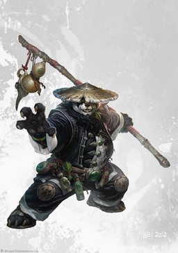 4_fingers action_pose anthro belt black_body black_clothing black_fur bottle bottomwear claws clothing container fingers fur hat headgear headwear holding_object holding_staff looking_at_viewer male object_in_mouth pants pose smile solo staff white_body white_fur wei_wang blizzard_entertainment warcraft bear mammal pandaren 2012 hi_res official_art