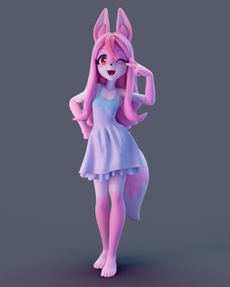 5_toes anthro barefoot clothing dress feet female fur gesture hair hand_gesture humanoid_feet long_hair pink_body pink_fur pink_hair plantigrade solo toes v_sign white_body white_fur kannonx brand_new_animal netflix studio_trigger nazuna_hiwatashi canid canine fox mammal 2021 3d_(artwork) 4:5 digital_media_(artwork) hi_res