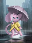 :3 ambiguous_gender blue_eyes clothing coat featureless_crotch feet feral fur glistening head_tuft holding_object holding_umbrella long_tail pink_body pink_ears pink_feet pink_fur pink_hands pink_head pink_tail raincoat raincoat_only raindrop raindrops raining reflection simple_background solo tail topwear tuft umbrella urban_background water water_reflection white_sclera yellow_raincoat bokurei nintendo pokemon generation_1_pokemon legendary_pokemon mew_(pokemon) pokemon_(species) 2024 artist_name hi_res lineless shaded signature