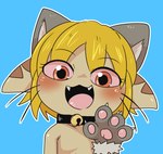 anthro bell blonde_hair blush brown_body cat_costume clothing collar costume fake_cat_ears fake_ears fangs featureless_chest female gesture hair looking_at_viewer pawpads simple_background smile solo teeth waving waving_at_viewer whiskers young young_anthro young_female doneru tany_(doneru) bamfear bust_portrait hi_res portrait adult_(lore)