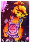 anthro apron blonde_hair border cake clothing dessert female food hair heart_symbol icing machine solo text tongue tongue_out white_border yellow_body spot_caution five_nights_at_freddy's fredina's_nightclub scottgames chica_(cally3d) chica_(fnaf) animatronic avian bird chicken galliform gallus_(genus) phasianid robot absurd_res english_text hi_res