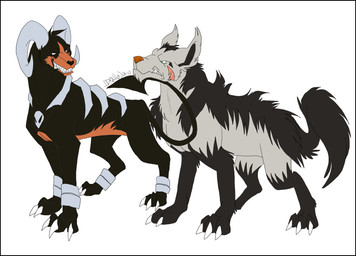 alternate_species black_border border claws duo eye_contact feral fur horn looking_at_another male quadruped scar smile spade_tail tail dynamo nintendo pokemon generation_2_pokemon generation_3_pokemon houndoom mightyena pokemon_(species)