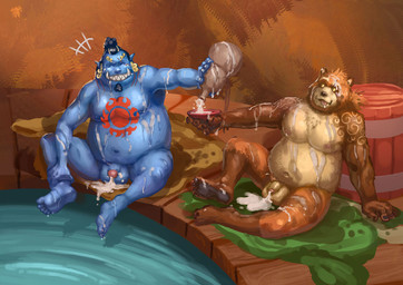 alcohol anthro balls bath bathroom belly beverage big_balls big_belly bodily_fluids cum cum_on_balls cum_on_body cum_on_face cum_on_ground cum_on_head cum_on_penis duo flaccid foreskin genital_fluids genitals male male/male moobs navel nipples nude overweight overweight_male penis sake sitting tattoo tongue tongue_out wet wet_body gratatator lifewonders one_piece tokyo_afterschool_summoners gyobu_(tas) jinbe aquatic canid canine fish-men_(one_piece) mammal raccoon_dog tanuki