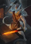 anthro blacksmith conditional_dnp dragon fantasy fire hammer hi_res latex_(artist) male mythological_creature mythological_scalie mythology scalie solo sparks tools white_body wings work