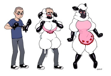 anthro apron base_one_layout basic_sequence blush bodily_fluids bottomwear breast_growth breasts clothing eyewear female footwear gender_transformation glasses goo_transformation growth hair heart_eyes heart_symbol human_to_anthro latex linear_sequence looking_up male mind_control mtf_transformation one_row_layout pants sheepsuit shirt shoes simple_background smile solo species_transformation standing surprised sweat sweatdrop three_frame_image three_frame_sequence topwear transformation transformation_sequence white_background white_body blackshirtboy bovid caprine human mammal sheep 2020 hi_res sequence