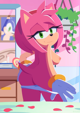 accessory antenna_hair anthro areola black_nose book breasts butt clothed clothing eyelashes female glistening glistening_nose gloves green_eyes hair handwear hanging_plant head_tuft headband mirror nipples partially_clothed petals picture_frame pink_body plant pointy_ears presenting presenting_hindquarters rear_view seductive short_hair side_boob solo tail thick_eyelashes tuft underwear underwear_down undressing clov3red sega sonic_the_hedgehog_(series) amy_rose sonic_the_hedgehog eulipotyphlan hedgehog mammal absurd_res cel_shading hi_res lineless shaded