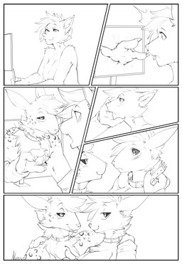 anthro bedroom_eyes bleb blush breasts caressing caressing_face casual_nudity collar collar_only computer duo electronics featureless_breasts female female_anthro flirting flirting_look indoor_nudity inside male male/female male_anthro medium_breasts narrowed_eyes nude nude_anthro nude_female nude_male screen seductive surprised tongue tongue_out transformation transformation_sequence narusewolf bandai_namco digimon naruse_(narusewolf) sheeron canid canine canis cheetah digimon_(species) felid feline humanoid hybrid mammal wolf black_and_white comic digital_drawing_(artwork) digital_media_(artwork) hi_res line_art monochrome