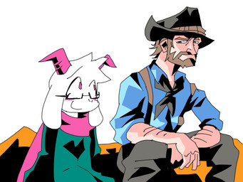 anthro beard black_cowboy_hat black_kerchief black_neckerchief black_necktie blue_clothing blue_shirt blue_topwear brown_beard brown_facial_hair clothing cowboy_hat cowboy_outfit duo facial_hair fur hat headgear headwear horn kerchief male neckerchief necktie neckwear pink_horn pink_scarf scarf shirt simple_background sitting topwear white_background white_body white_fur dillmen101 deltarune red_dead_(series) rockstar_games undertale_(series) arthur_morgan ralsei bovid caprine goat human mammal 4:3 hi_res