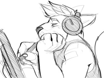 anthro arm_markings claws drawing_tablet electronics finger_claws fingerpads headphones male male_anthro markings narrowed_eyes pawpads shoulder_markings side_view simple_background solo tablet_pen tail solaxe_(artist) solaxe kangaroo macropod mammal marsupial 4:3 hi_res monochrome sketch