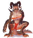 2020 anthro big_breasts bottomwear breasts claws cleavage clothed clothing crouching deathclaw english_text exposure_variation fallout female fivel hi_res holding_breast hooters hooters_uniform horn looking_at_viewer microsoft midriff monster scalie shirt shorts simple_background skimpy solo tail tank_top text text_on_clothing text_on_shirt text_on_tank_top text_on_topwear thick_thighs topwear