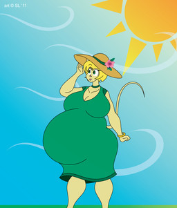 anthro belly big_belly big_breasts blonde_hair bracelet breasts cleavage clothed clothing copyright_symbol dress female flower green_eyes hair hat headgear headwear jewelry plant pregnant solo sun symbol wind satsumalord tanya_(satsumalord) mammal mouse murid murine rodent 2011 hi_res